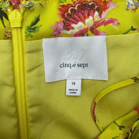 Cinq a Sept Katz Provence Dress 14 Yellow Floral Ruched Satin Midi Formal - Picture 11 of 16